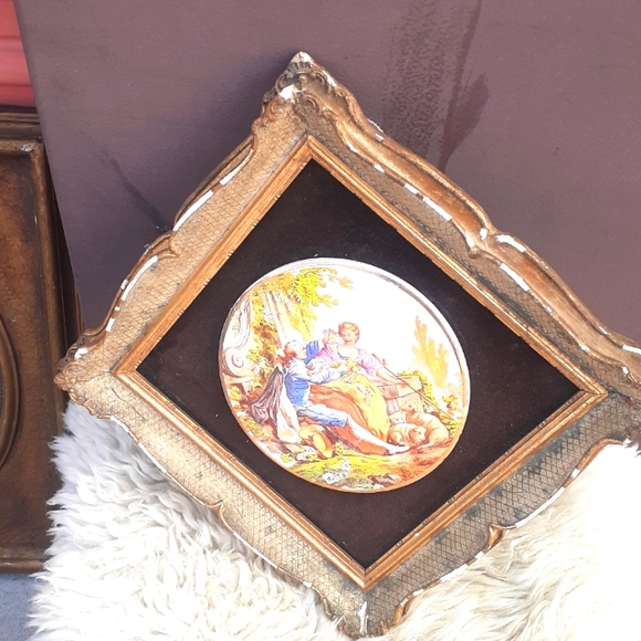 Other - Porcelain painting Courting man woman pet Dog Garden gold frame 10x10